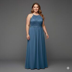 Navy Blue Plus Size Lace Bodice Chiffon Skirt Bridesmaid Formal Gown Dress NWT